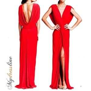 Red draped goddess dress
